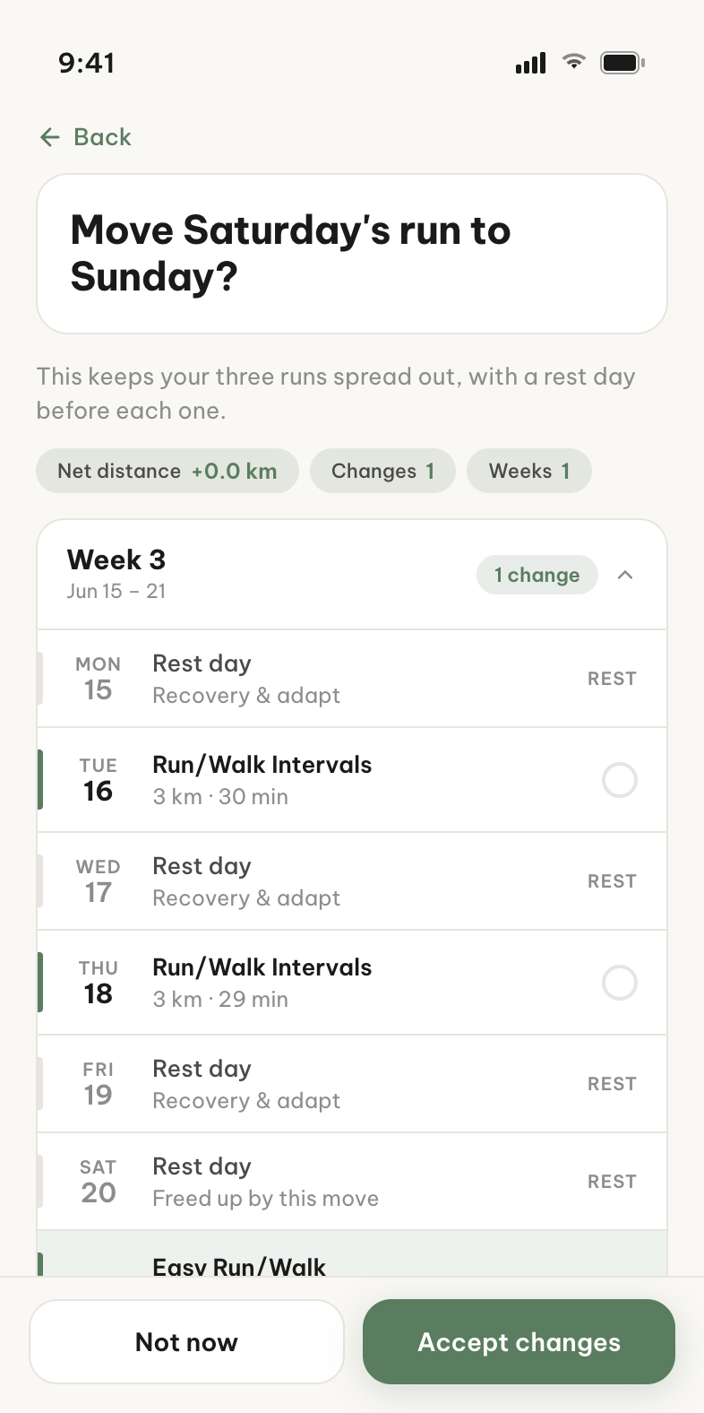 Miles proposing to move Saturday's run to Sunday so three weekly runs stay spread out with a rest day before each, with an accept changes button