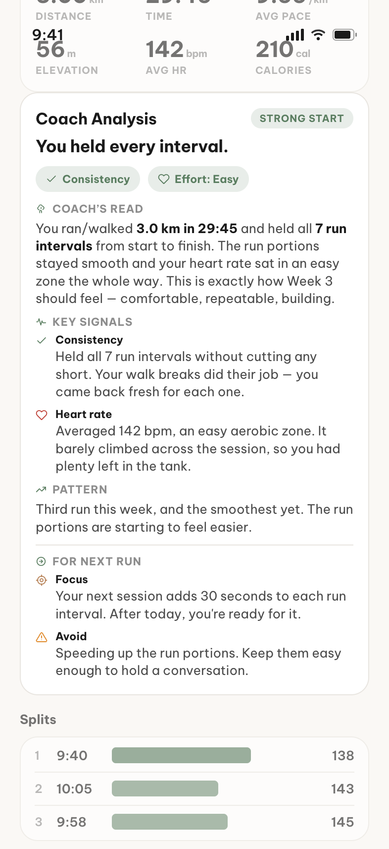 Coach analysis in Miles after a run-walk session: all 7 run intervals held, heart rate in the easy zone the whole way, and the next session adds 30 seconds to each interval