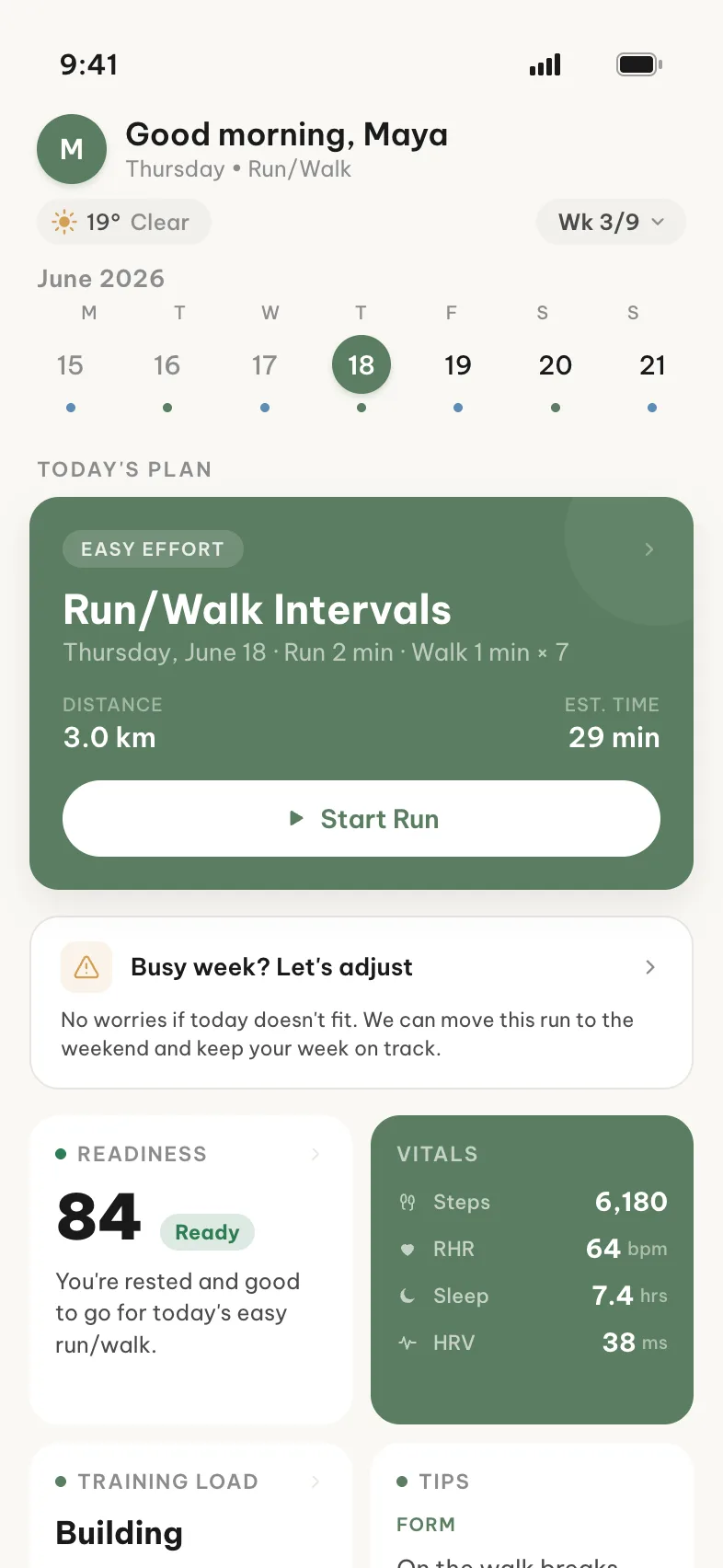 Miles daily brief showing a 3 km run-walk intervals session, a readiness score of 84 and vitals including resting heart rate and sleep