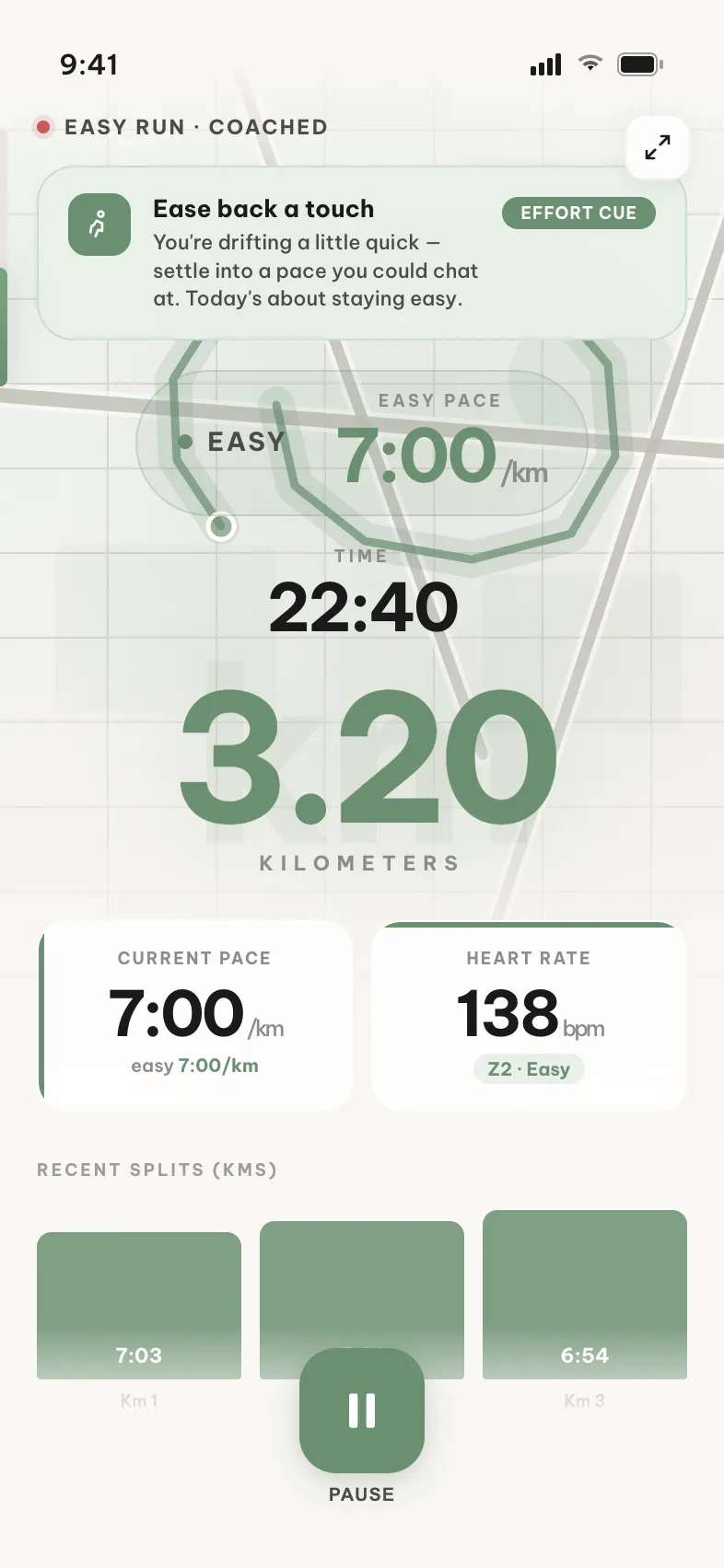 Live easy run in Miles showing current pace 7:00 per km against an easy target, heart rate 138 in zone 2, kilometre splits, and a coach cue to ease off after drifting too fast