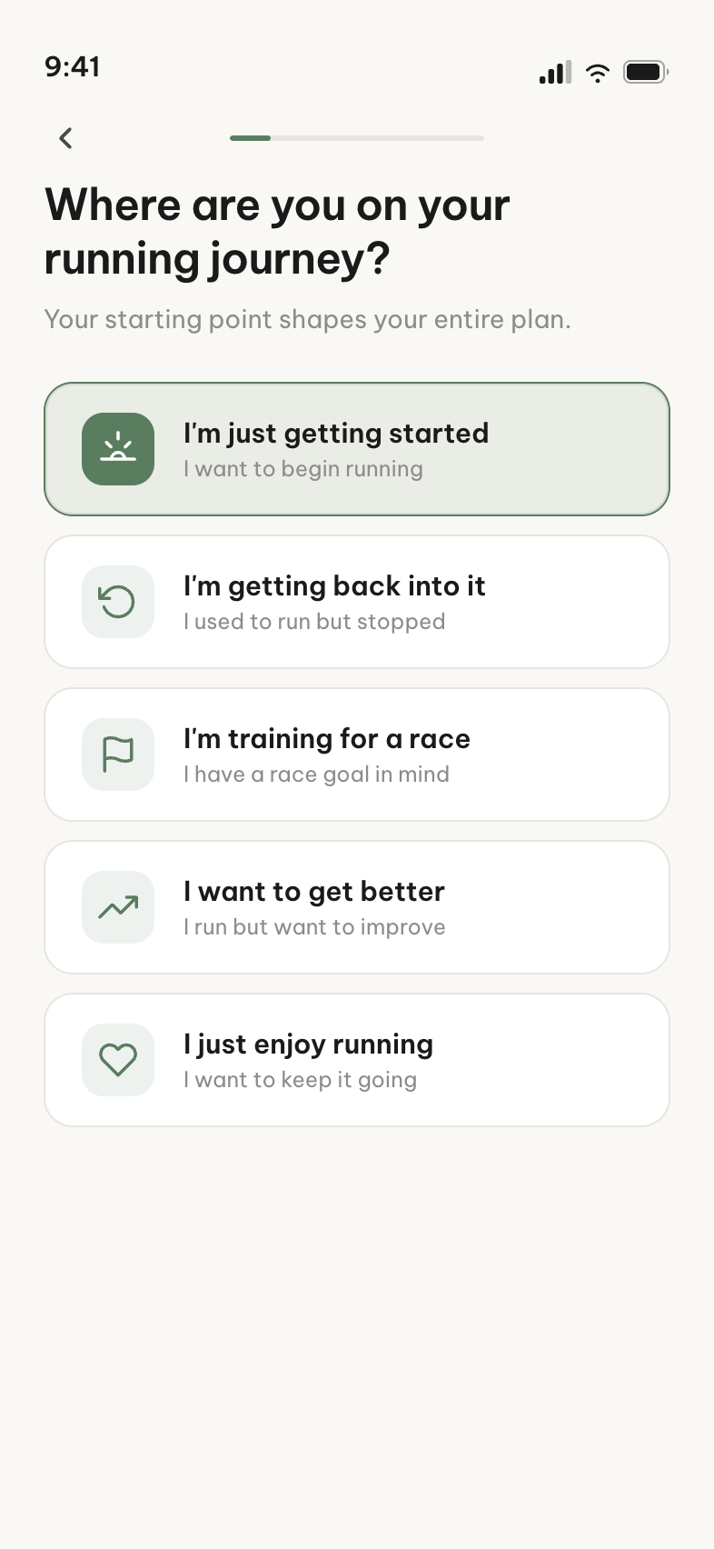 Miles onboarding asking where you are on your running journey, with the answer I'm just getting started selected
