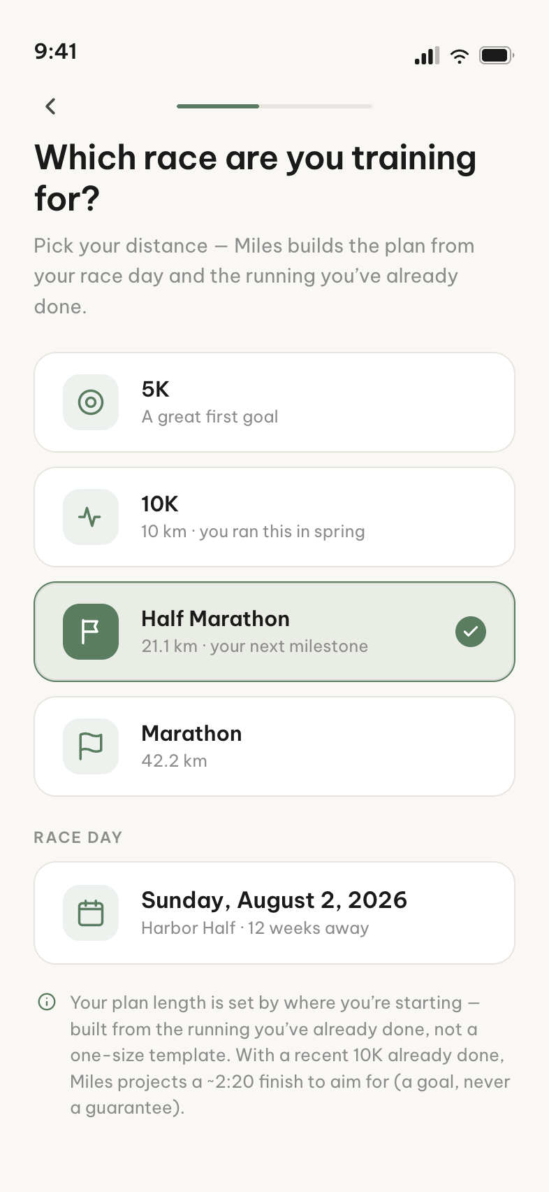Miles onboarding race step with Half Marathon selected and a race day twelve weeks away