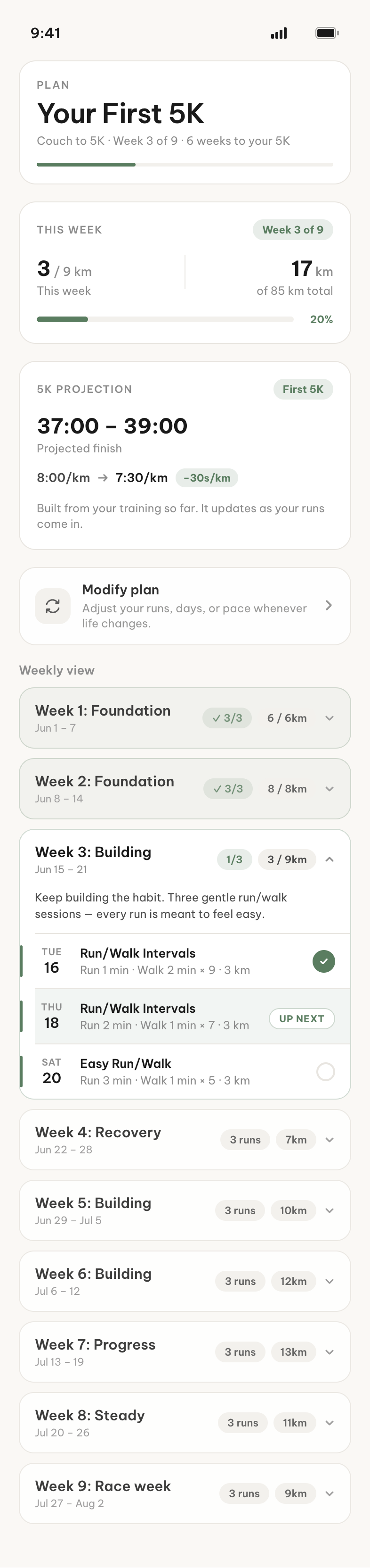 Your First 5K plan in Miles at week 3 of 9, with a projected finish of 37 to 39 minutes and gentle run-walk sessions in the weekly view