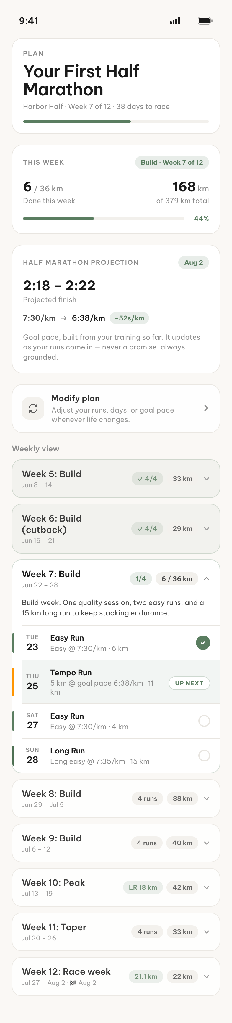 Your First Half Marathon plan in Miles at week 7 of 12, projected finish 2:18 to 2:22, with the weekly view running through taper and race week