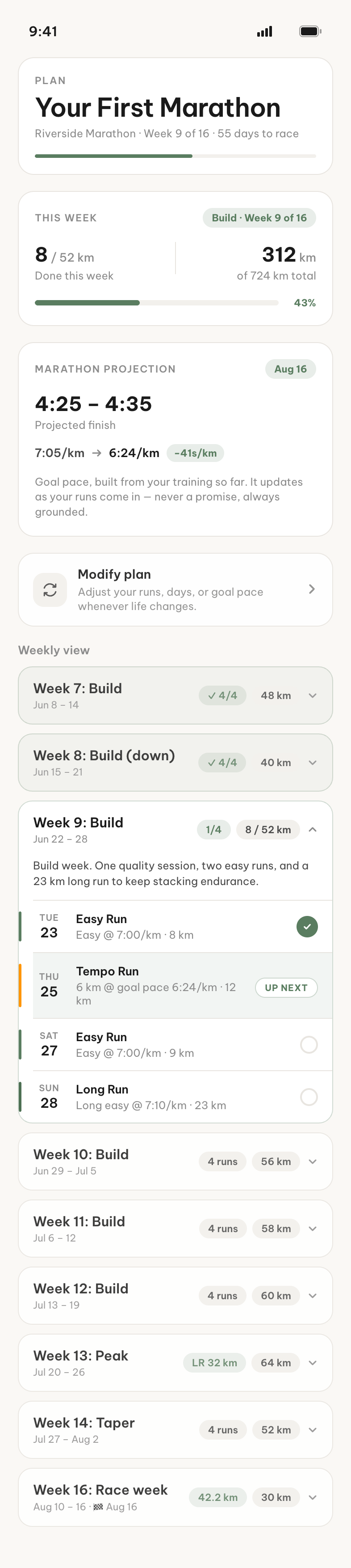 Your First Marathon plan in Miles at week 9 of 16, projected finish 4:25 to 4:35, with a 23 km long run and the weekly view through taper and race day