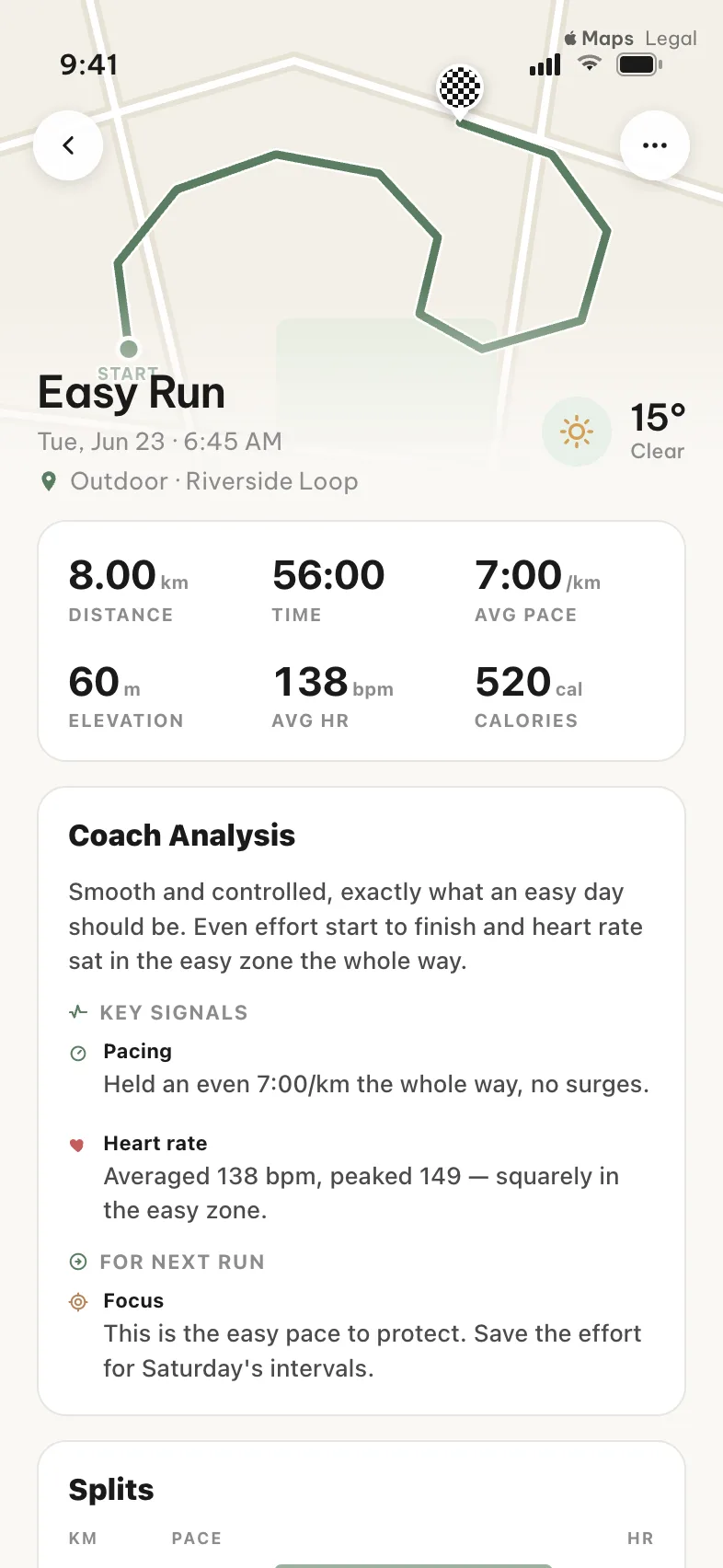 Post-run summary in Miles for an 8 km easy run at 7:00 per km, with coach analysis confirming even pacing and heart rate in the easy zone
