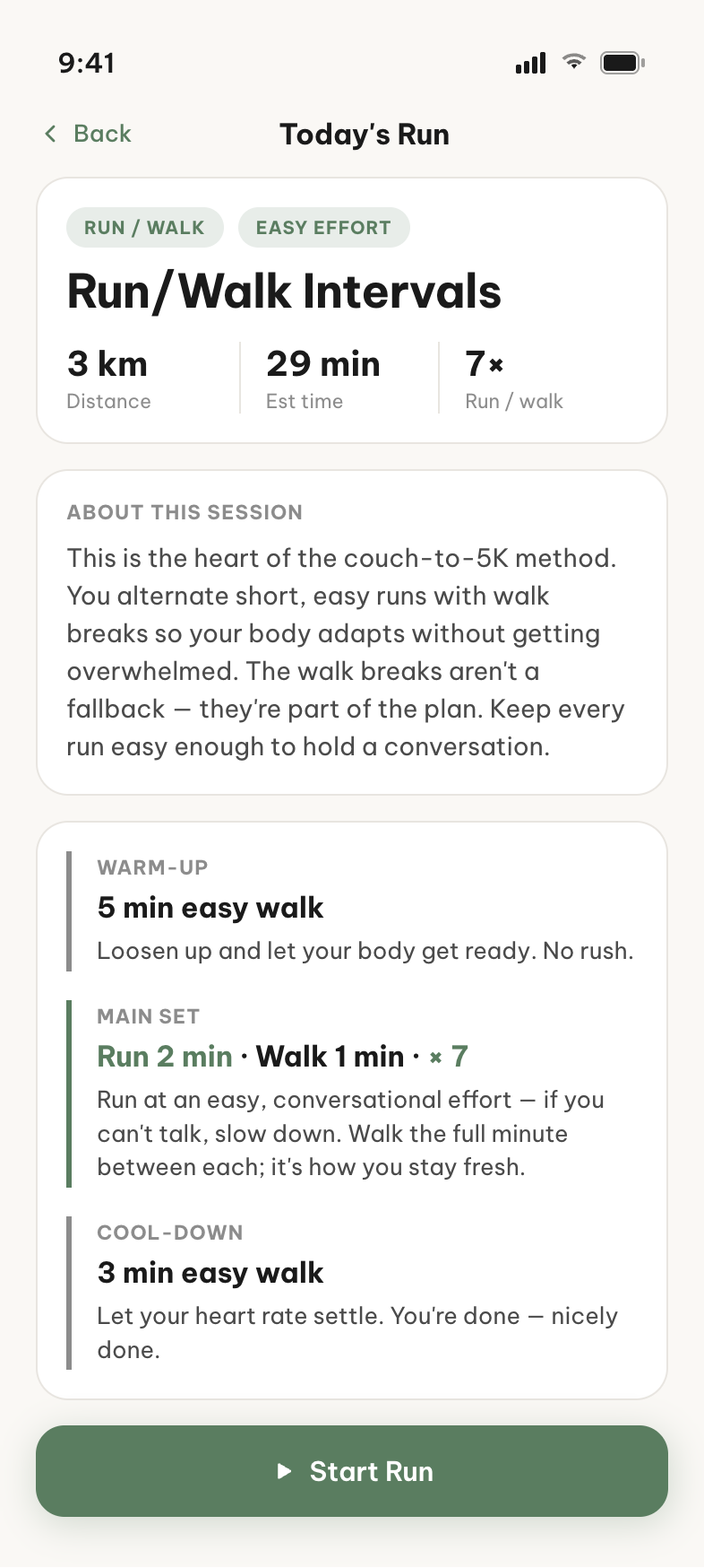 Run-walk session in Miles: a 3 km workout with a 5 minute warm-up walk, run 2 minutes walk 1 minute times 7, and a cool-down, all at conversational effort